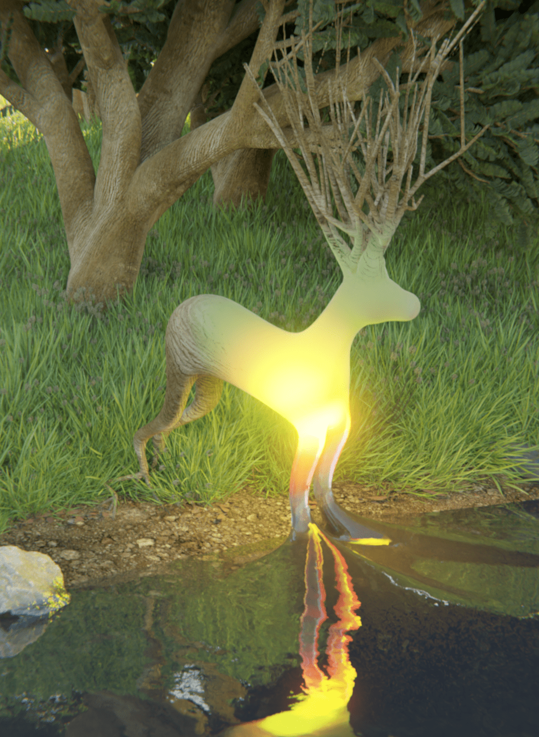 emerging from the surface of the water, a riverside deer-like creature made of water, wood, and light stands proud