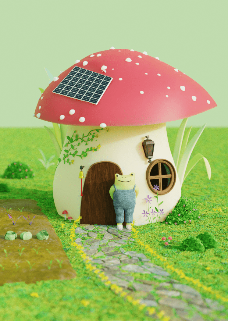 in a green grass world, a little gardener frog stands on the doorway of its self-sustaining, solar-powered mushroom house