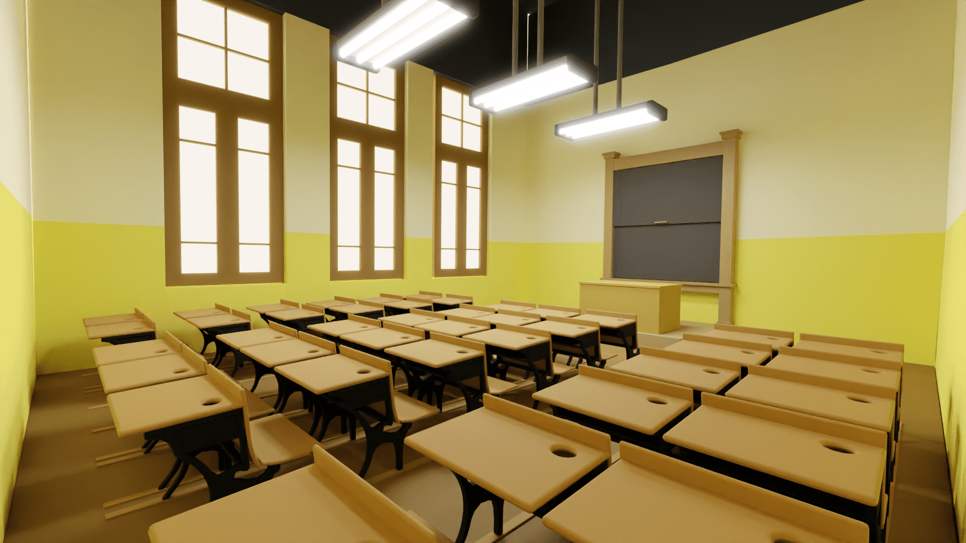 a textureless render of a brightly lit classroom, antique desks are lined up, the small ink holes on their surfaces now empty