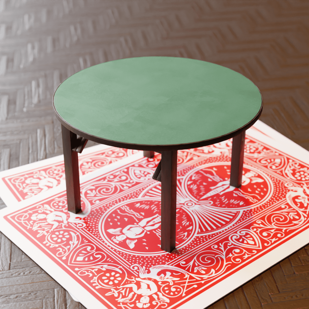 on a large wooden floor, two gigantic playing cards act as a rug for a green poker table